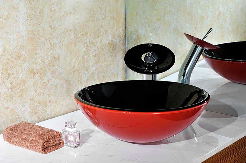 Anzzi Chord Series Deco-Glass Vessel Sink in Lustrous Black and Red with Matching Chrome Waterfall Faucet 5