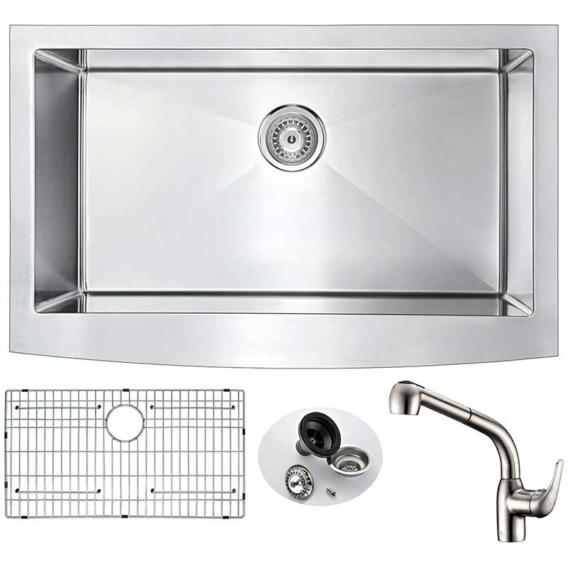 Anzzi ELYSIAN Farmhouse Stainless Steel 32 in. 0-Hole Kitchen Sink and Faucet Set with Harbour Faucet in Brushed Nickel