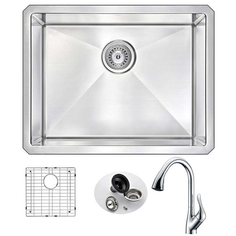 Anzzi VANGUARD Undermount Stainless Steel 23 in. Single Bowl Kitchen Sink and Faucet Set with Accent Faucet in Polished Chrome