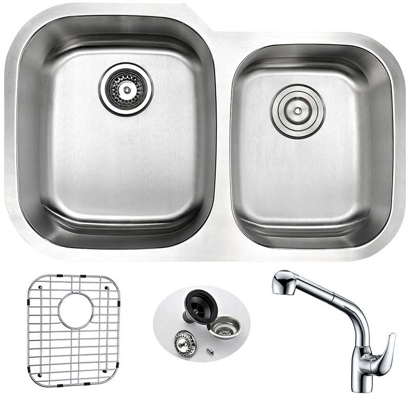 Anzzi MOORE Undermount Stainless Steel 32 in. Double Bowl Kitchen Sink and Faucet Set with Harbour Faucet in Polished Chrome