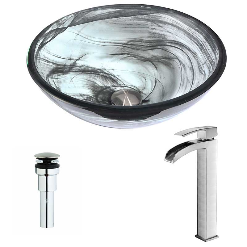 Anzzi Mezzo Series Deco-Glass Vessel Sink in Emerald Wisp with Key Faucet in Brushed Nickel