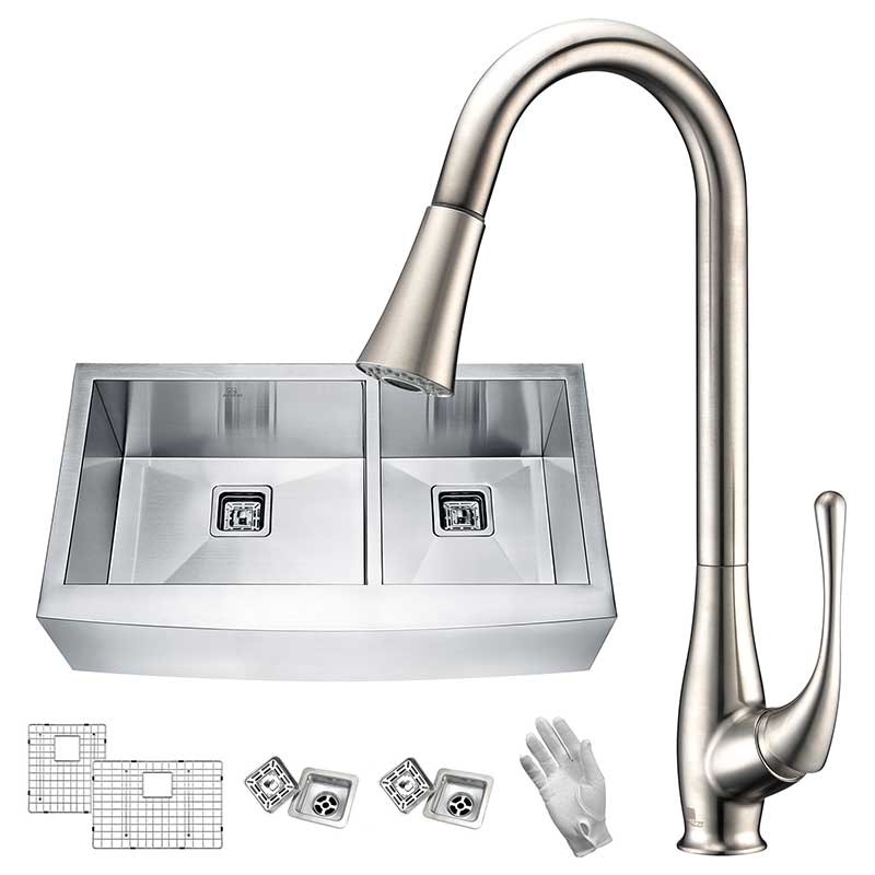 Anzzi Elysian Farmhouse 36 in. 60/40 Double Bowl Kitchen Sink with Faucet in Brushed Nickel KAZ36203AS-042