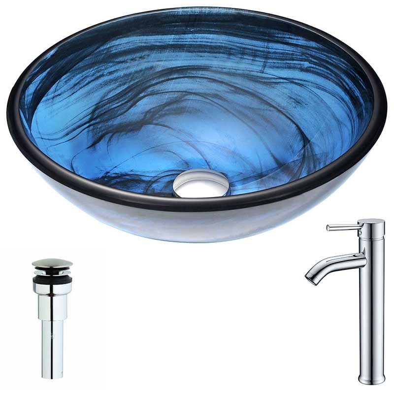 Anzzi Soave Series Deco-Glass Vessel Sink in Sapphire Wisp with Fann Faucet in Chrome