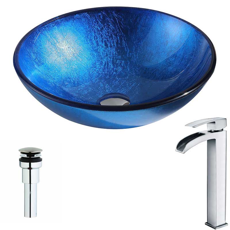 Anzzi Clavier Series Deco-Glass Vessel Sink in Lustrous Blue with Key Faucet in Polished Chrome