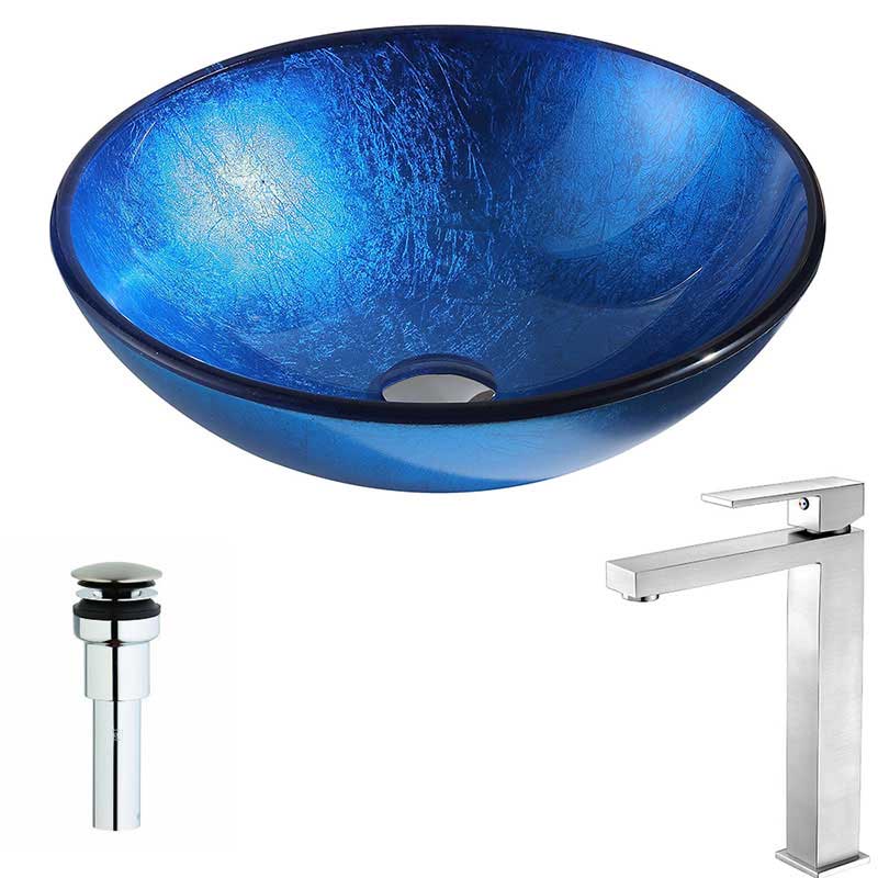 Anzzi Clavier Series Deco-Glass Vessel Sink in Lustrous Blue with Enti Faucet in Brushed Nickel