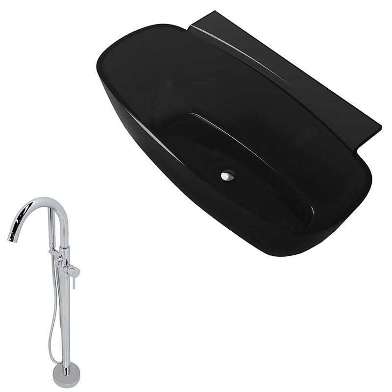 Anzzi Vida 5.2 ft. Man-Made Stone Freestanding Non-Whirlpool Bathtub in Midnight Black and Kros Series Faucet in Chrome