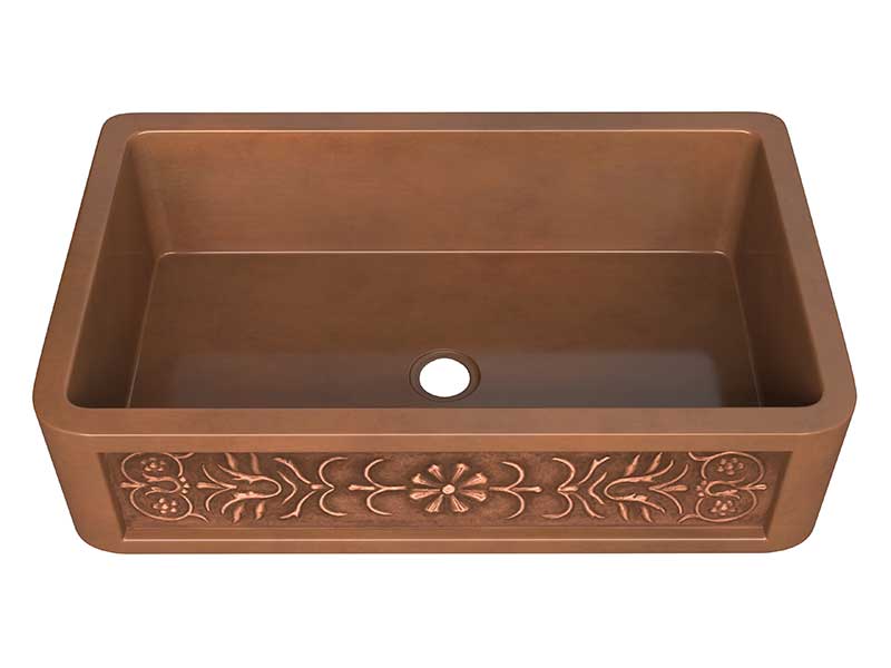 Anzzi Thracian Farmhouse Handmade Copper 36 in. 0-Hole Single Bowl Kitchen Sink with Flower Design Panel in Polished Antique Copper SK-017 7