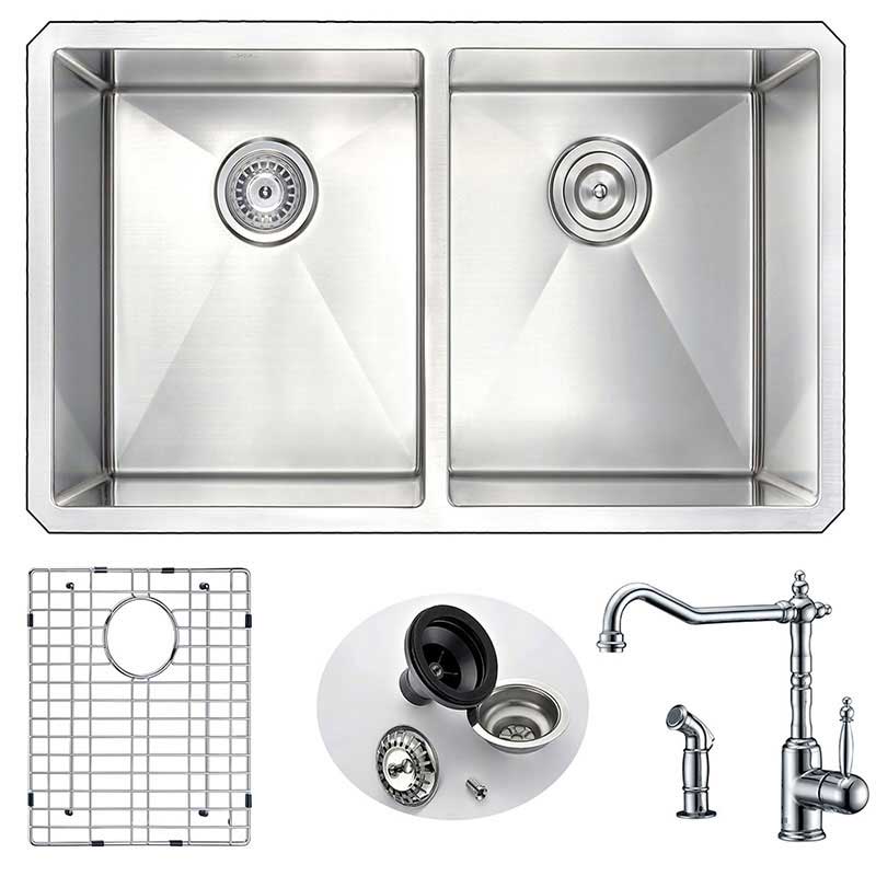 Anzzi VANGUARD Undermount Stainless Steel 32 in. Double Bowl Kitchen Sink and Faucet Set with Locke Faucet in Polished Chrome