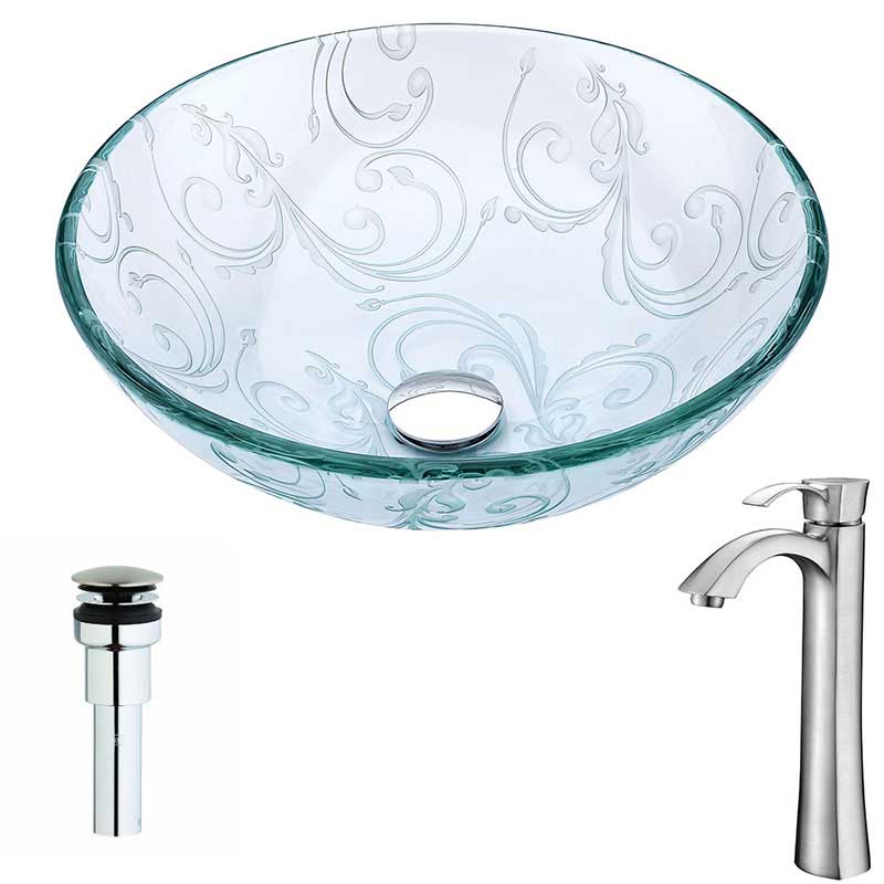 Anzzi Vieno Series Deco-Glass Vessel Sink in Crystal Clear Floral with Harmony Faucet in Brushed Nickel