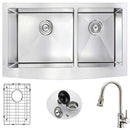 Anzzi ELYSIAN Farmhouse Stainless Steel 36 in. Double Bowl Kitchen Sink and Faucet Set with Sails Faucet in Brushed Nickel