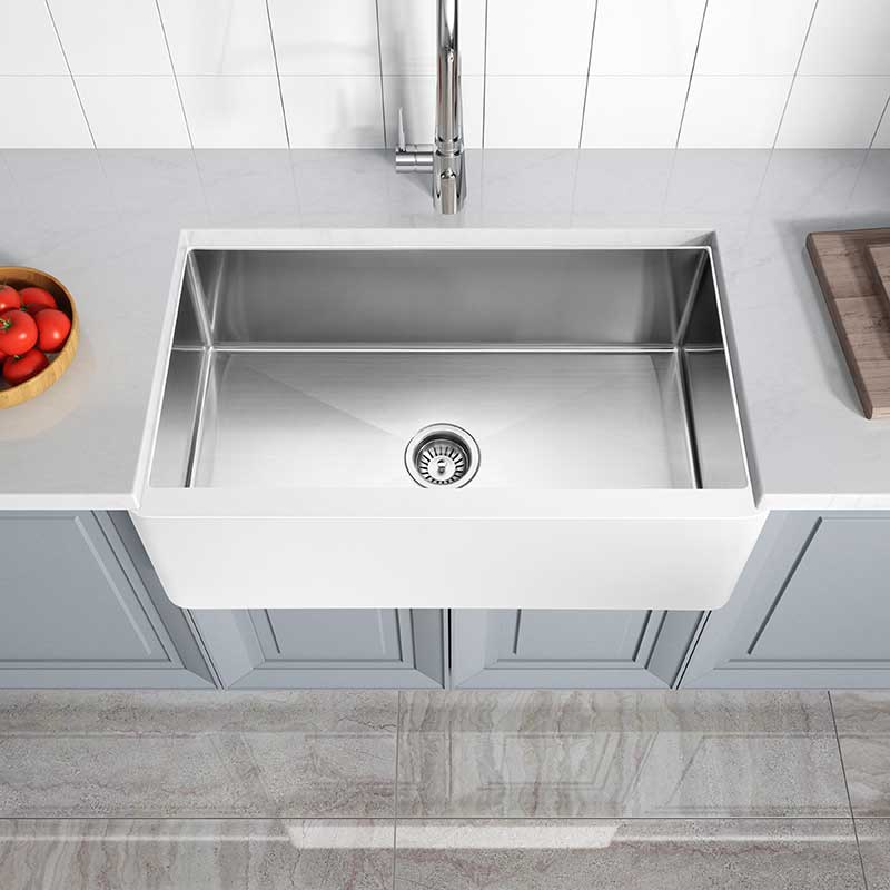 Anzzi Nepal Series Farmhouse Solid Surface 33 in. 0-Hole Single Bowl Kitchen Sink with Stainless Steel Interior in Matte White K-AZ270-A1 5
