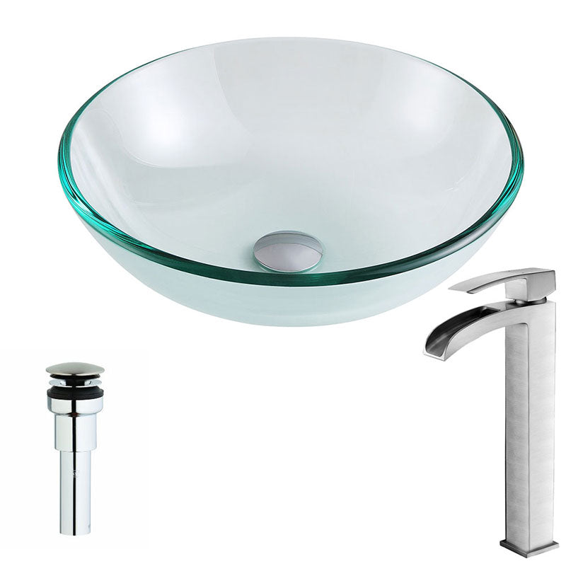 Anzzi Etude Series Deco-Glass Vessel Sink in Lustrous Clear with Key Faucet in Polished Chrome