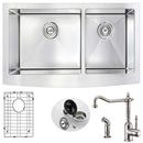 Anzzi ELYSIAN Farmhouse Stainless Steel 36 in. Double Bowl Kitchen Sink and Faucet Set with Locke Faucet in Brushed Nickel