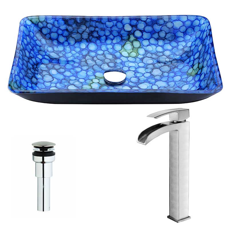 Anzzi Assai Series Deco-Glass Vessel Sink in Lustrous Blue with Key Faucet in Brushed Nickel