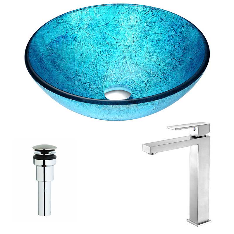 Anzzi Accent Series Deco-Glass Vessel Sink in Emerald Ice with Enti Faucet in Brushed Nickel