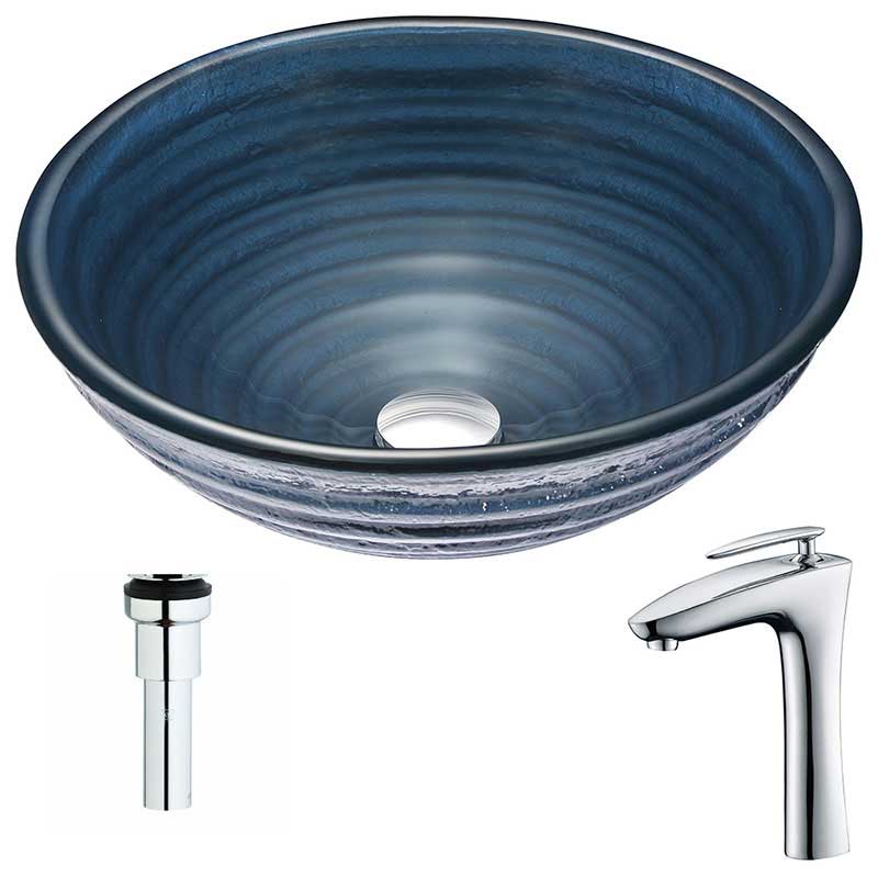 Anzzi Tempo Series Deco-Glass Vessel Sink in Coiled Blue with Crown Faucet in Chrome