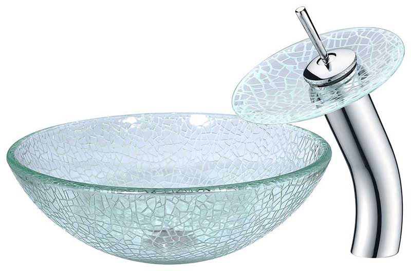 Anzzi Choir Series Deco-Glass Vessel Sink in Crystal Clear Mosaic with Matching Chrome Waterfall Faucet