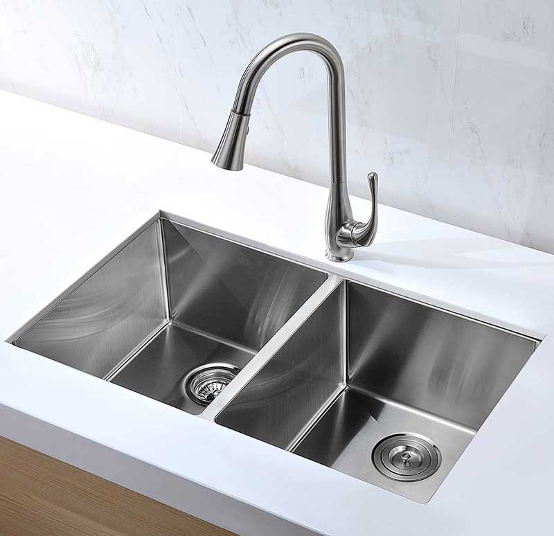 Anzzi VANGUARD Series 32 in. Under Mount 50/50 Dual Basin Handmade Stainless Steel Kitchen Sink 2