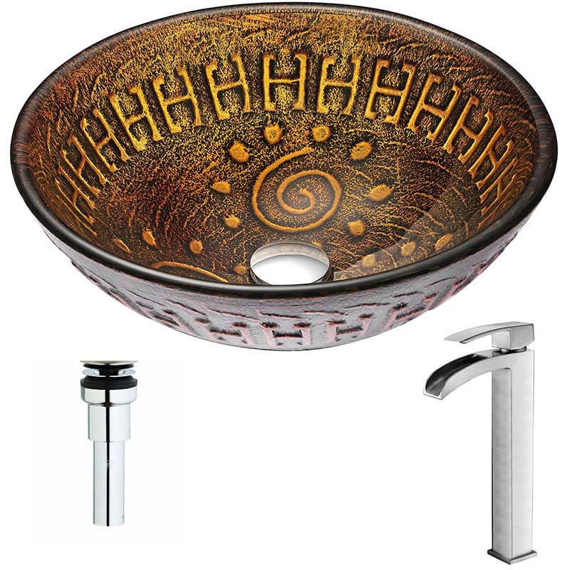 Anzzi Opus Series Deco-Glass Vessel Sink in Lustrous Brown with Key Faucet in Brushed Nickel