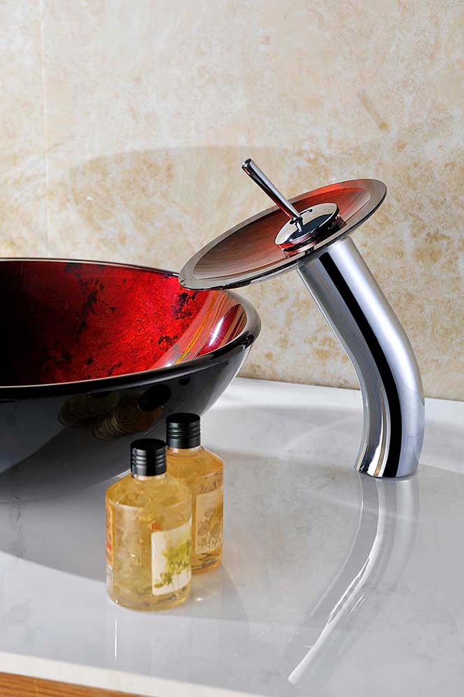 Anzzi Marumba Deco-Glass Vessel Sink in Tempered Red and Black with Matching Chrome Waterfall Faucet LS-AZ8089 3