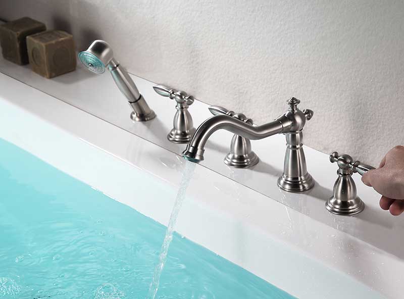 Anzzi Patriarch 2-Handle Deck-Mount Roman Tub Faucet with Handheld Sprayer in Brushed Nickel FR-AZ091BN 7