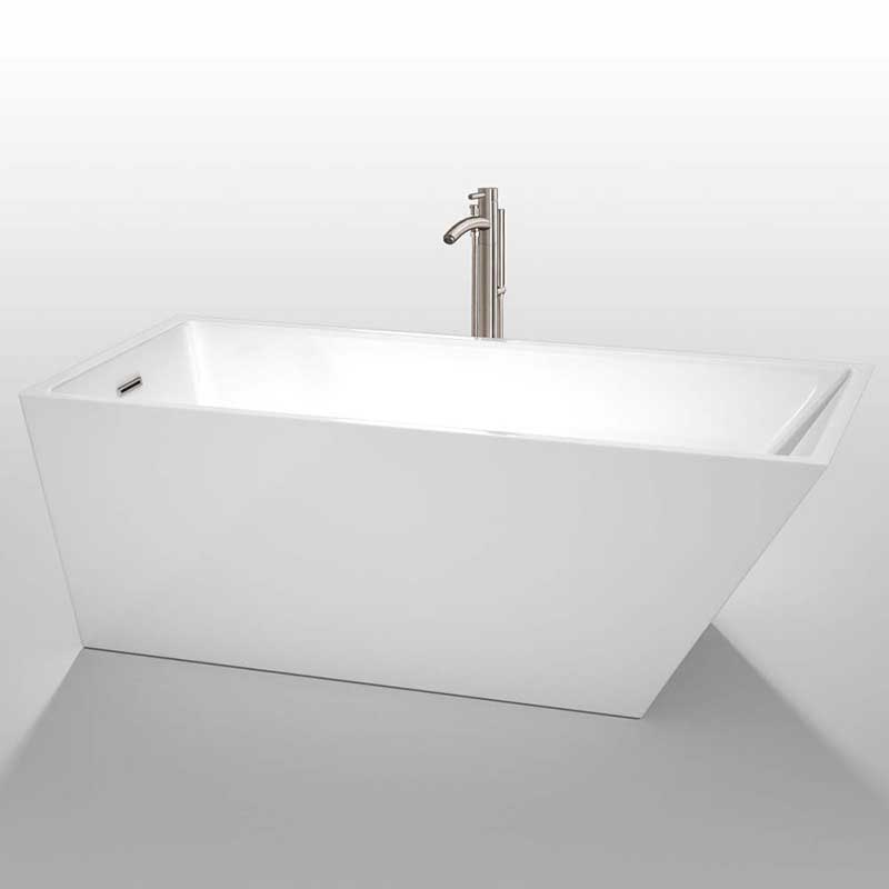Wyndham Collection Hannah 67 inch Freestanding Bathtub in White with Floor Mounted Faucet, Drain and Overflow Trim in Brushed Nickel 2