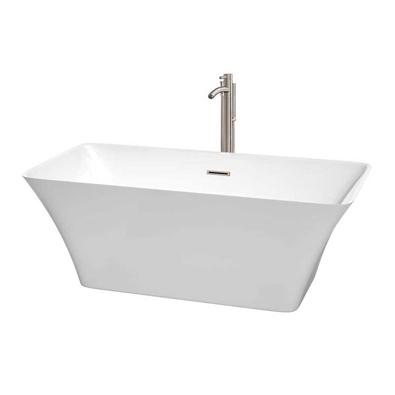 Wyndham Collection Tiffany 59 inch Freestanding Bathtub in White with Floor Mounted Faucet, Drain and Overflow Trim in Brushed Nickel