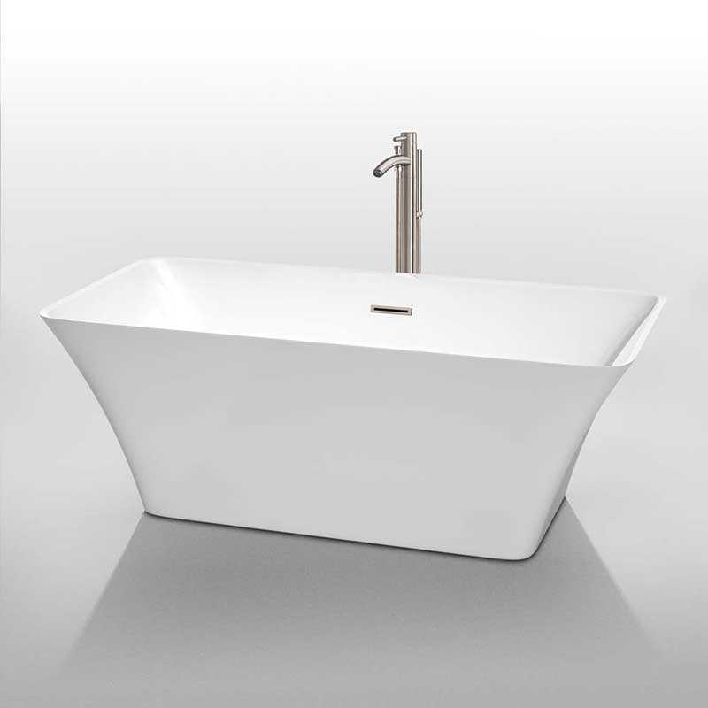 Wyndham Collection Tiffany 59 inch Freestanding Bathtub in White with Floor Mounted Faucet, Drain and Overflow Trim in Brushed Nickel 2
