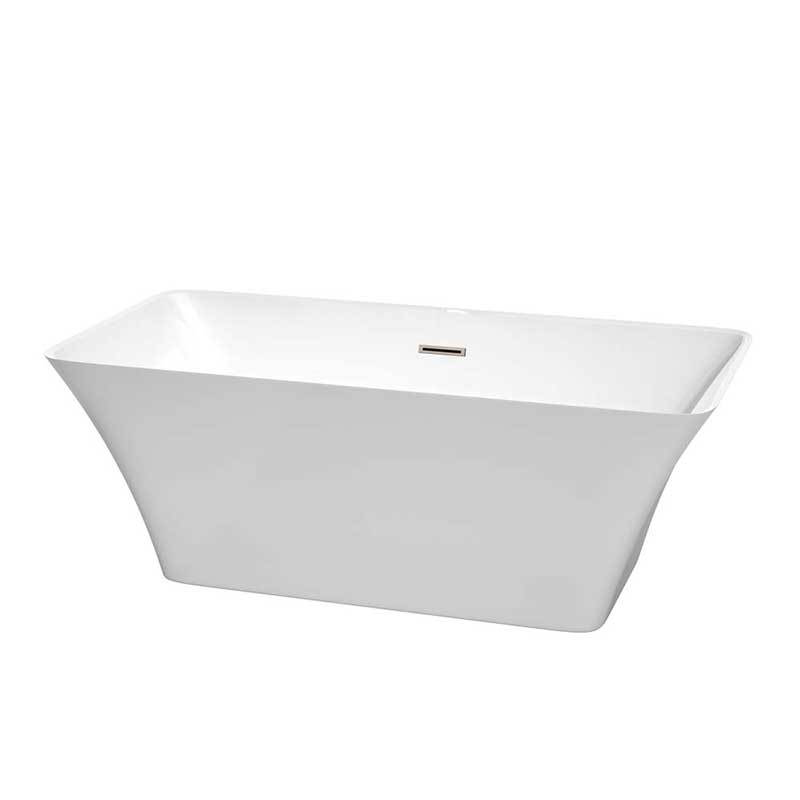 Wyndham Collection Tiffany 59 inch Freestanding Bathtub in White with Brushed Nickel Drain and Overflow Trim