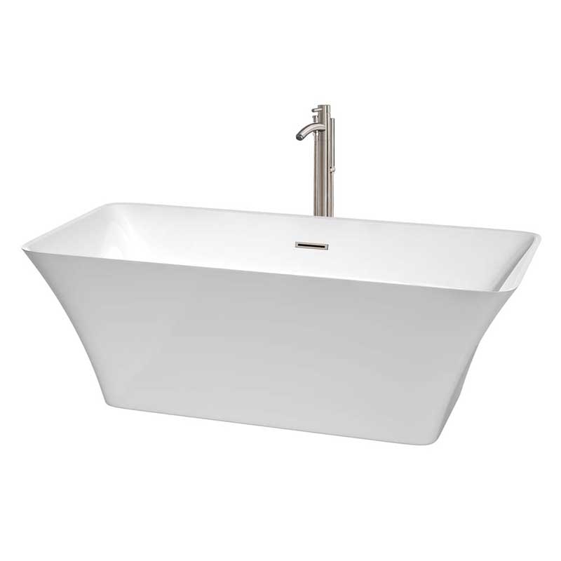 Wyndham Collection Tiffany 67 inch Freestanding Bathtub in White with Floor Mounted Faucet, Drain and Overflow Trim in Brushed Nickel