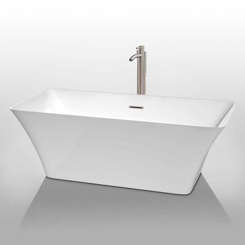Wyndham Collection Tiffany 67 inch Freestanding Bathtub in White with Floor Mounted Faucet, Drain and Overflow Trim in Brushed Nickel 2