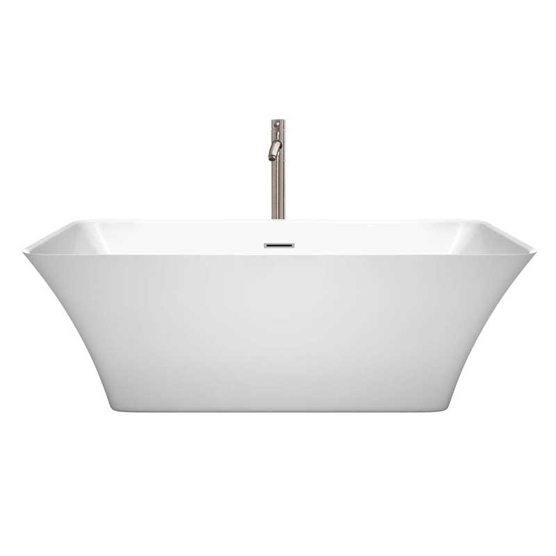 Wyndham Collection Tiffany 67 inch Freestanding Bathtub in White with Floor Mounted Faucet, Drain and Overflow Trim in Brushed Nickel 4