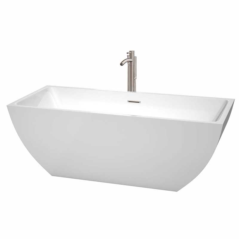 Wyndham Collection Rachel 67 inch Freestanding Bathtub in White with Floor Mounted Faucet, Drain and Overflow Trim in Brushed Nickel