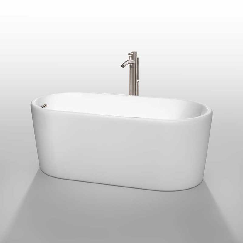 Wyndham Collection Ursula 59 inch Freestanding Bathtub in White with Floor Mounted Faucet, Drain and Overflow Trim in Brushed Nickel 2
