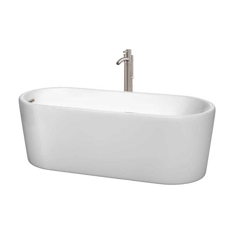 Wyndham Collection Ursula 67 inch Freestanding Bathtub in White with Floor Mounted Faucet, Drain and Overflow Trim in Brushed Nickel