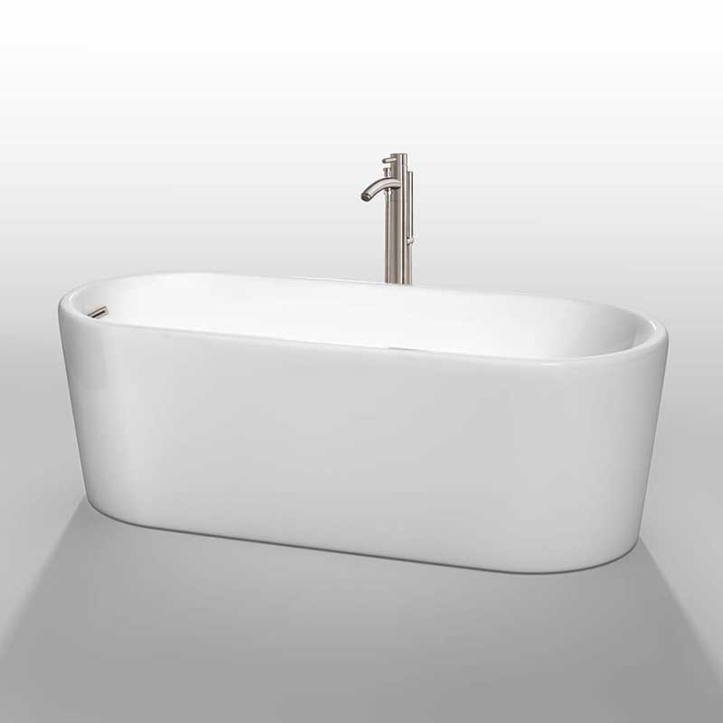 Wyndham Collection Ursula 67 inch Freestanding Bathtub in White with Floor Mounted Faucet, Drain and Overflow Trim in Brushed Nickel 2