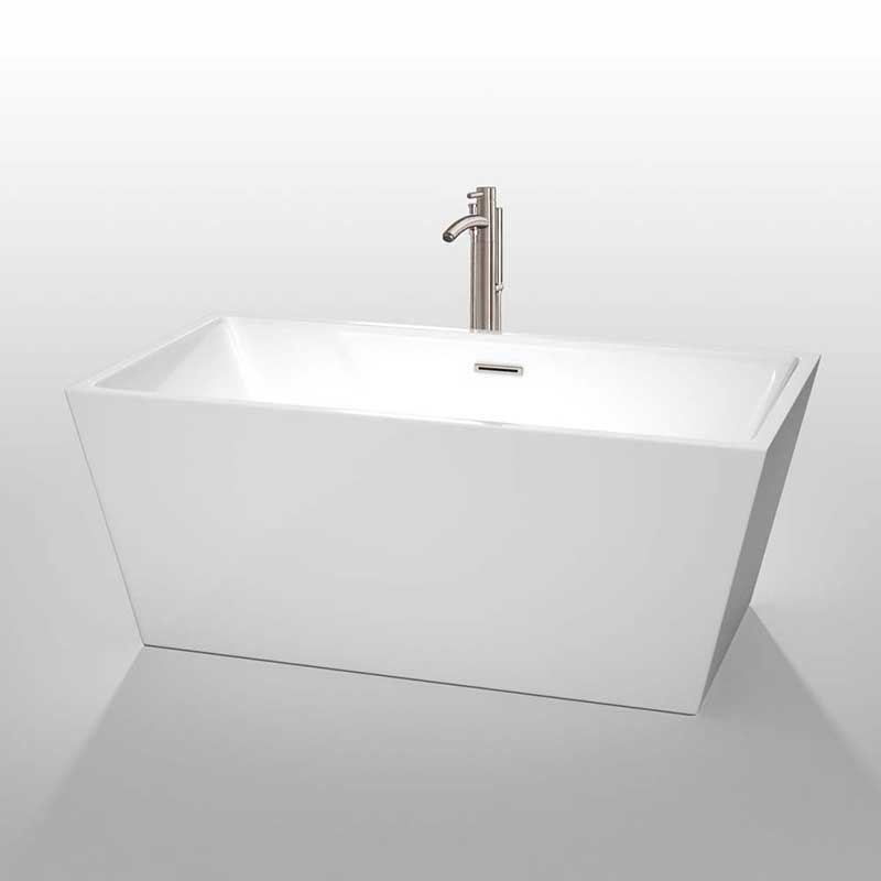 Wyndham Collection Sara 59 inch Freestanding Bathtub in White with Floor Mounted Faucet, Drain and Overflow Trim in Brushed Nickel 2