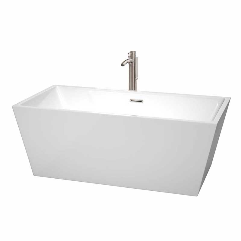 Wyndham Collection Sara 63 inch Freestanding Bathtub in White with Floor Mounted Faucet, Drain and Overflow Trim in Brushed Nickel