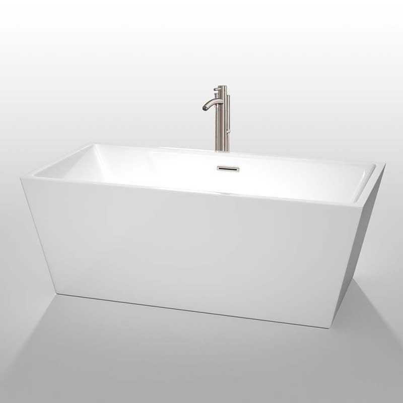 Wyndham Collection Sara 63 inch Freestanding Bathtub in White with Floor Mounted Faucet, Drain and Overflow Trim in Brushed Nickel 2