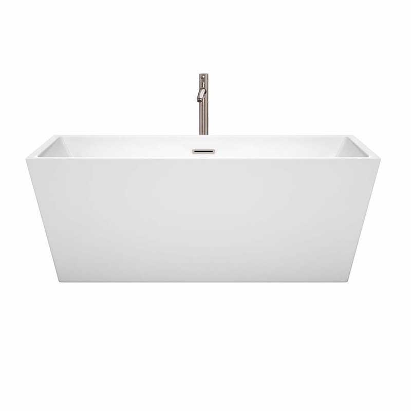 Wyndham Collection Sara 63 inch Freestanding Bathtub in White with Floor Mounted Faucet, Drain and Overflow Trim in Brushed Nickel 4