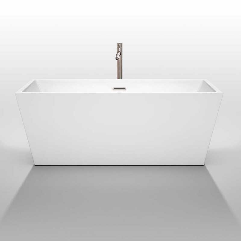 Wyndham Collection Sara 63 inch Freestanding Bathtub in White with Floor Mounted Faucet, Drain and Overflow Trim in Brushed Nickel 3