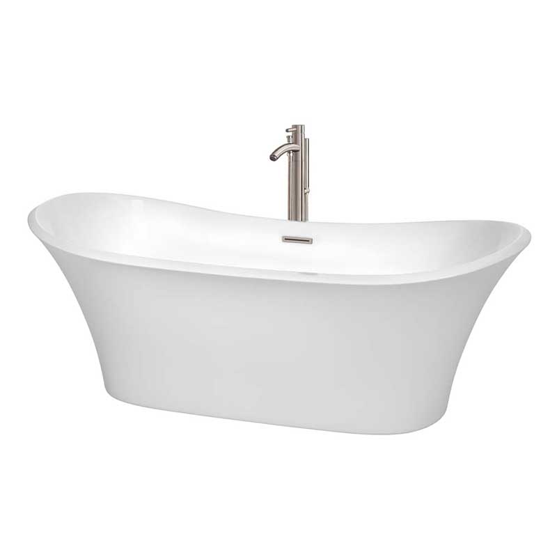 Wyndham Collection Bolera 71 inch Freestanding Bathtub in White with Floor Mounted Faucet, Drain and Overflow Trim in Brushed Nickel