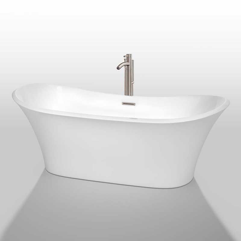Wyndham Collection Bolera 71 inch Freestanding Bathtub in White with Floor Mounted Faucet, Drain and Overflow Trim in Brushed Nickel 2