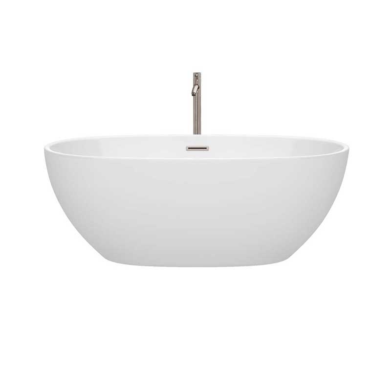 Wyndham Collection Juno 63 inch Freestanding Bathtub in White with Floor Mounted Faucet, Drain and Overflow Trim in Brushed Nickel 4