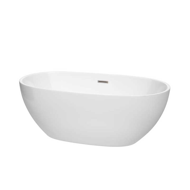 Wyndham Collection Juno 63 inch Freestanding Bathtub in White with Brushed Nickel Drain and Overflow Trim