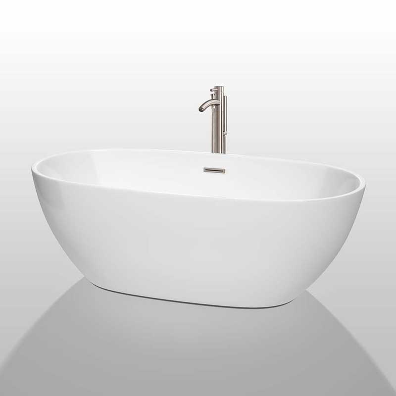 Wyndham Collection Juno 67 inch Freestanding Bathtub in White with Floor Mounted Faucet, Drain and Overflow Trim in Brushed Nickel 2