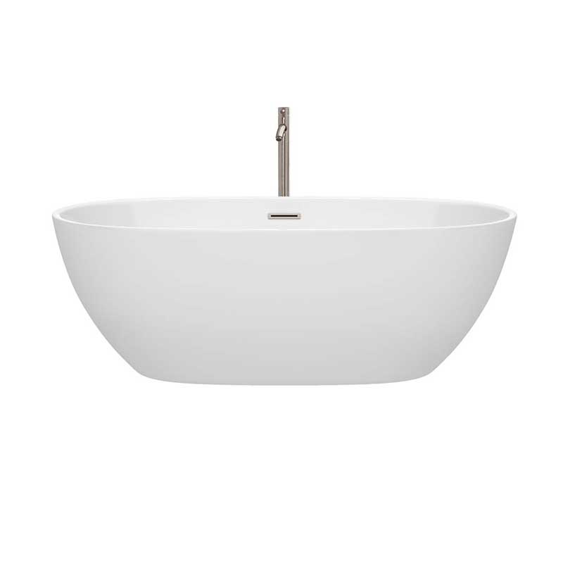 Wyndham Collection Juno 67 inch Freestanding Bathtub in White with Floor Mounted Faucet, Drain and Overflow Trim in Brushed Nickel 4