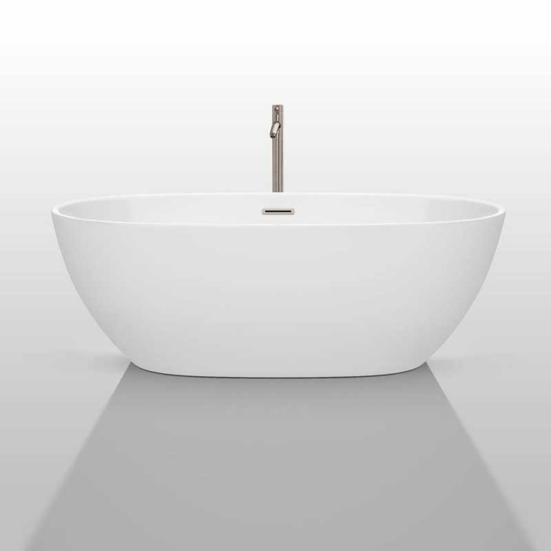 Wyndham Collection Juno 67 inch Freestanding Bathtub in White with Floor Mounted Faucet, Drain and Overflow Trim in Brushed Nickel 3