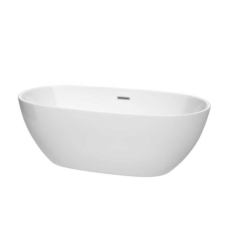 Wyndham Collection Juno 67 inch Freestanding Bathtub in White with Brushed Nickel Drain and Overflow Trim