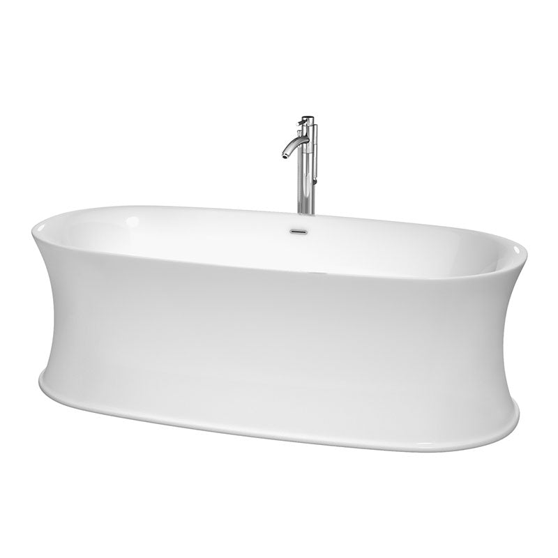 Wyndham Collection Kara 71 inch Soaking Bathtub in White with Polished Chrome Trim, and Polished Chrome Floor Mounted Faucet